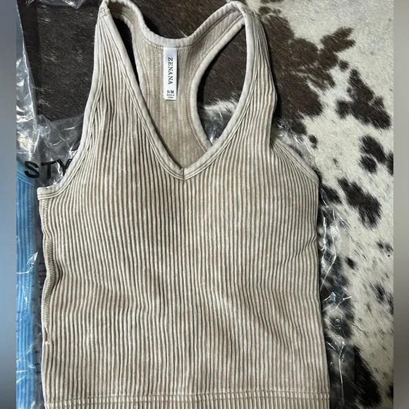 Beige Ribbed V-Neck Racerback Tank Top - Picture 1 of 1